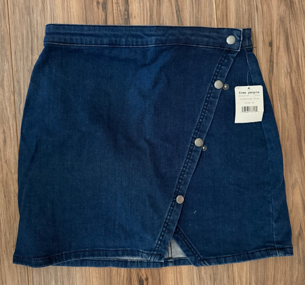 NWT Free People Size 12 Notched Denim Mini Wrap Skirt Clubhouse Blue Button